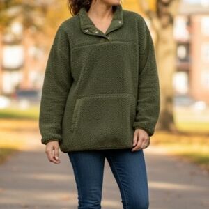 Women's Time and Tru Quarter Snap Sherpa Jacket Green Large (12-14)